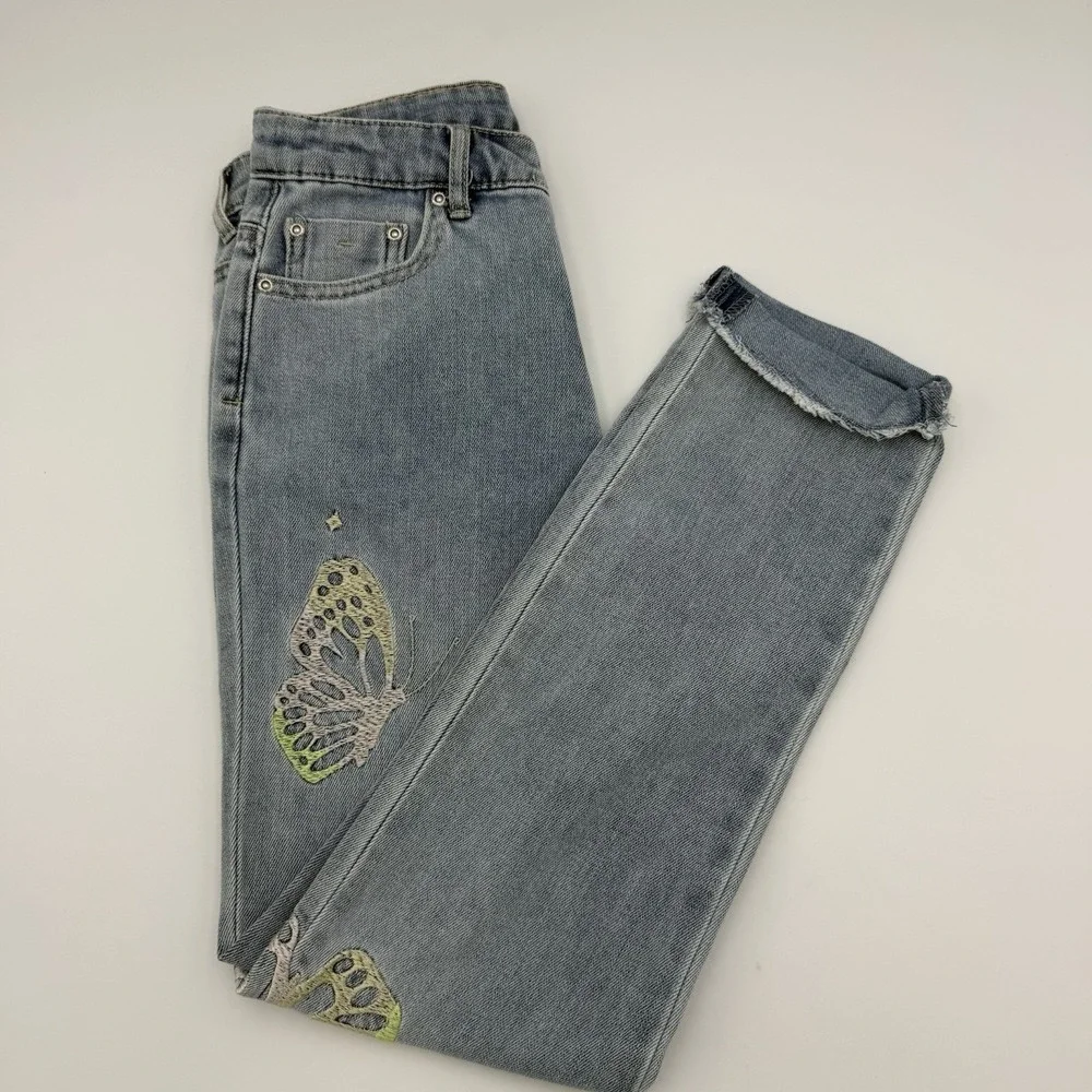 Girls Denim Pants Butterfly Embroidered Size 10 Cuffed Straight Leg Light‎ Wash